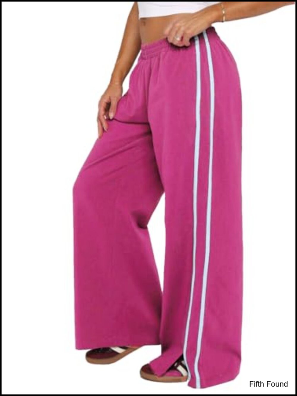 Wide Leg Pants with Side Pockets, Stripe Detail, Split Hem, Elastic Waist